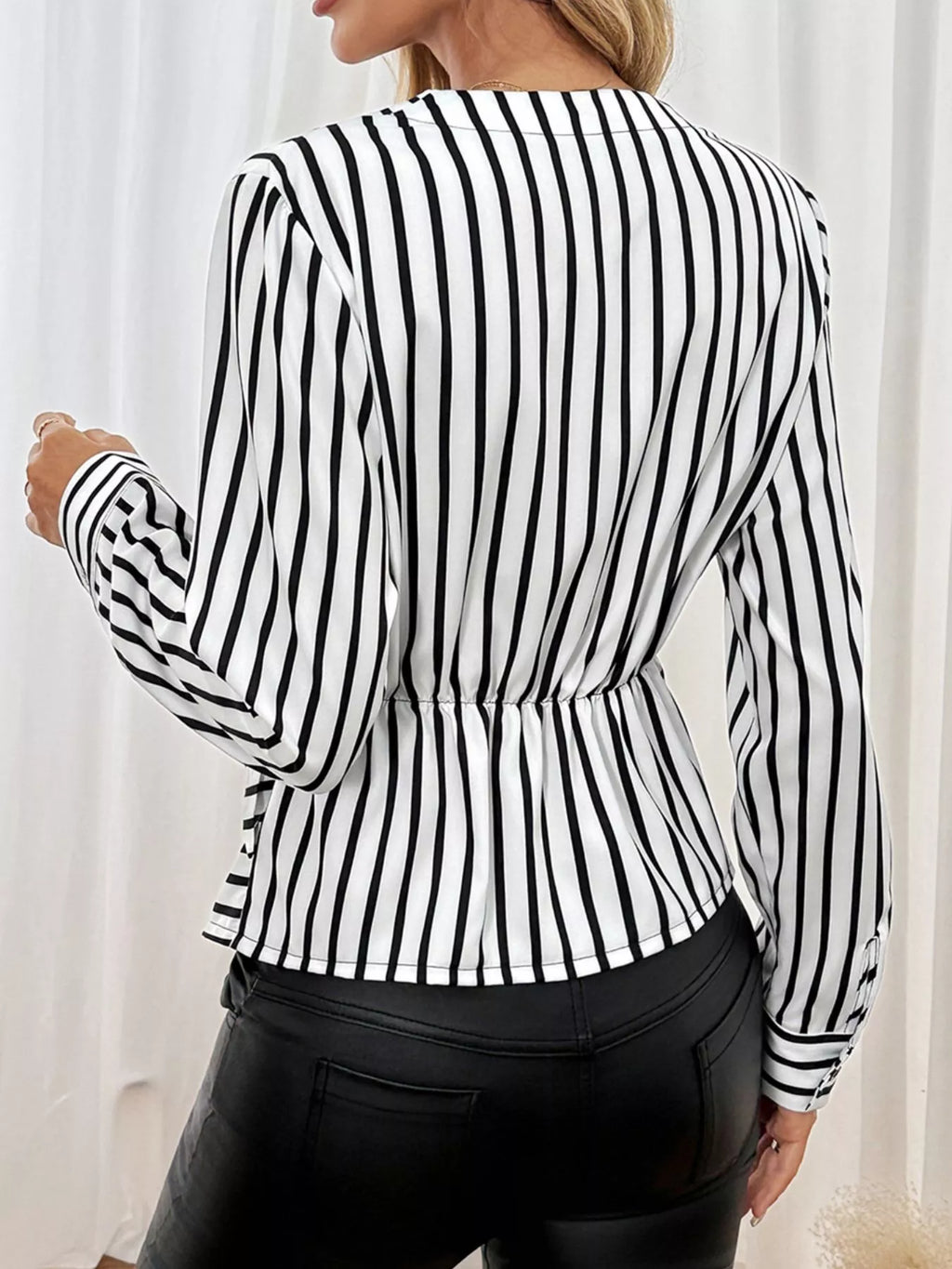 Striped Color Block Surplice Shirt - Lilixa.store