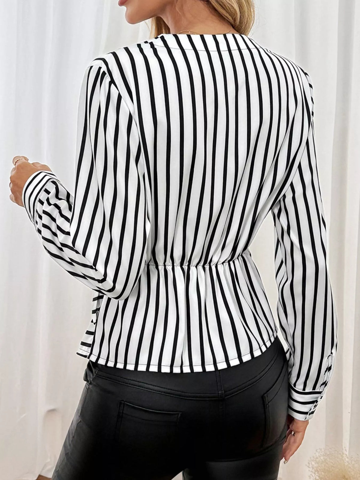 Striped Color Block Surplice Shirt - Lilixa.store