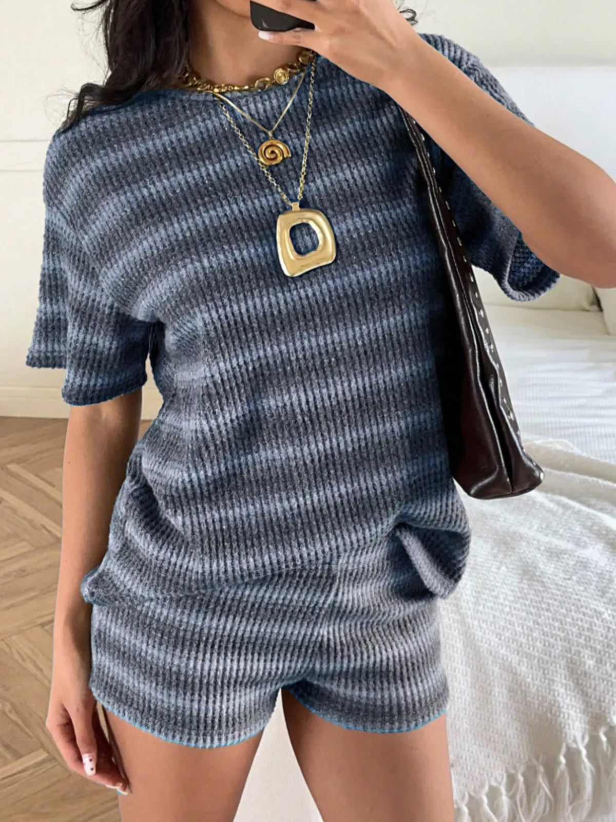 Striped Textured Knit Top and Shorts Set in Blue
