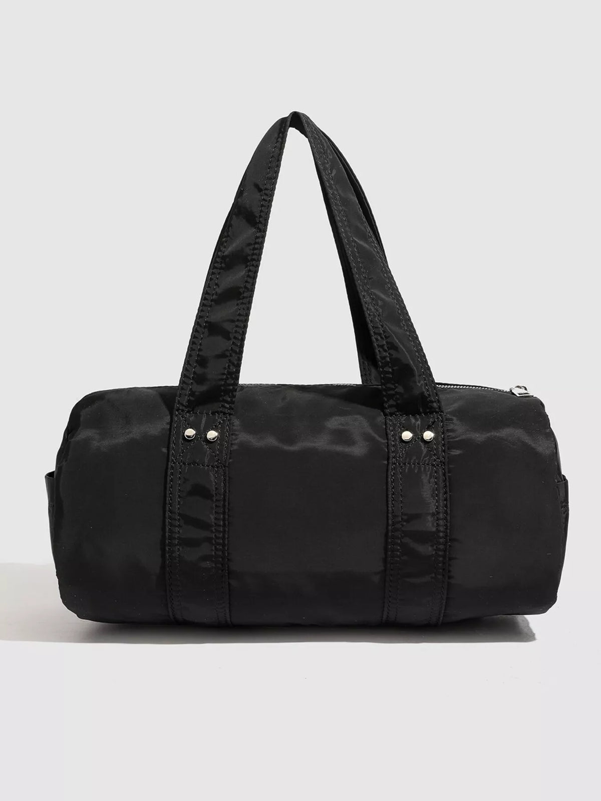 Minimalist Nylon Barrel Shoulder Bag with Multi-Pocket Utility in Black, view 7