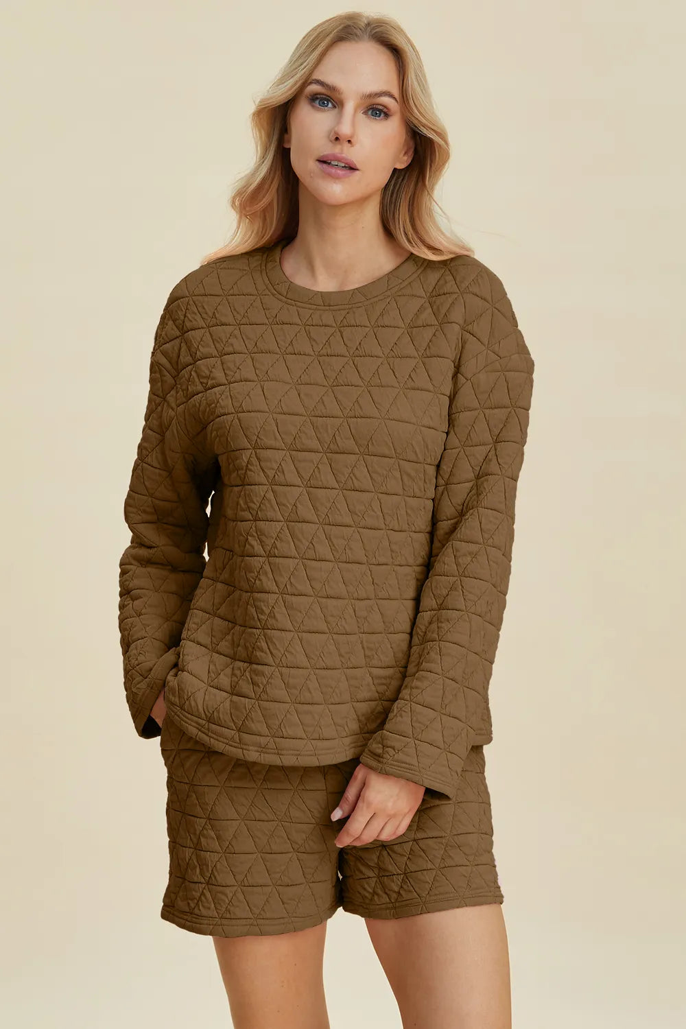 Double Take Full Size Texture Round Neck Long Sleeve Top and Shorts Set - Lilixa.store