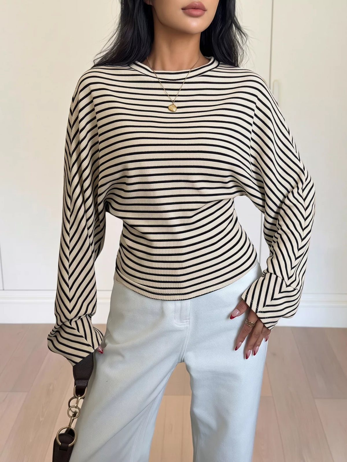 Striped Batwing Sleeve Crew Neck T-Shirt