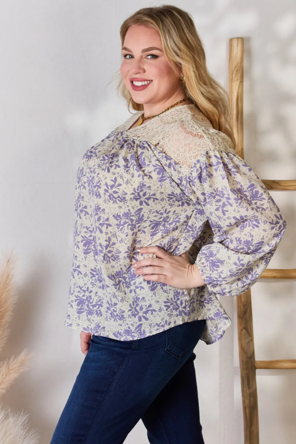 Hailey & Co Full Size Lace Detail Printed Blouse - Lilixa.store