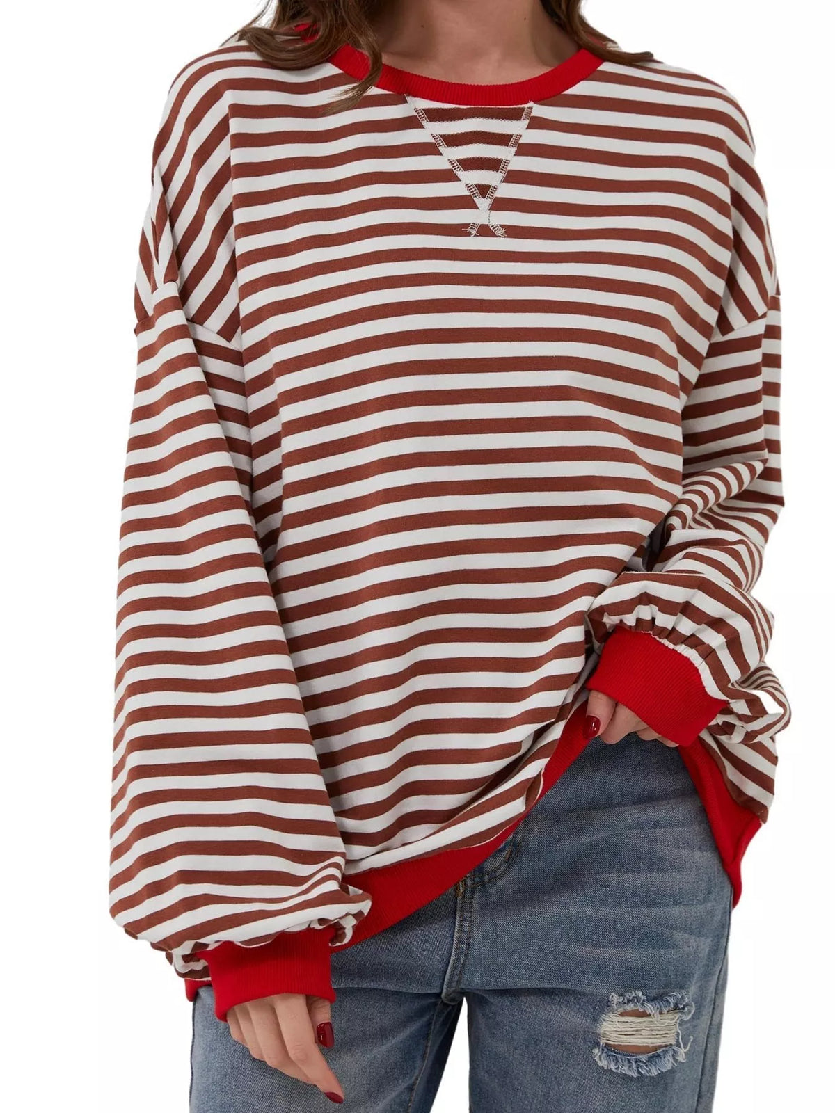 Striped Contrast Trim Oversized Sweatshirt - Lilixa.store