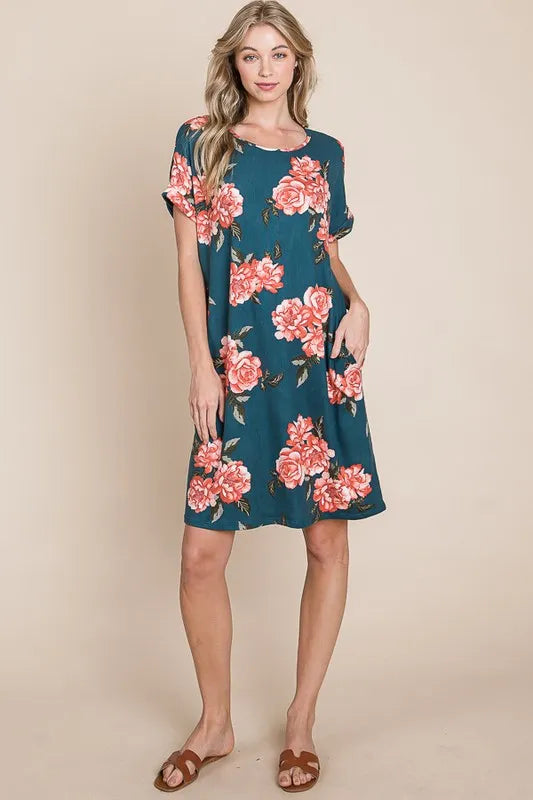 BOMBOM Floral Round Neck Short Tee Dress with Pockets - Lilixa.store