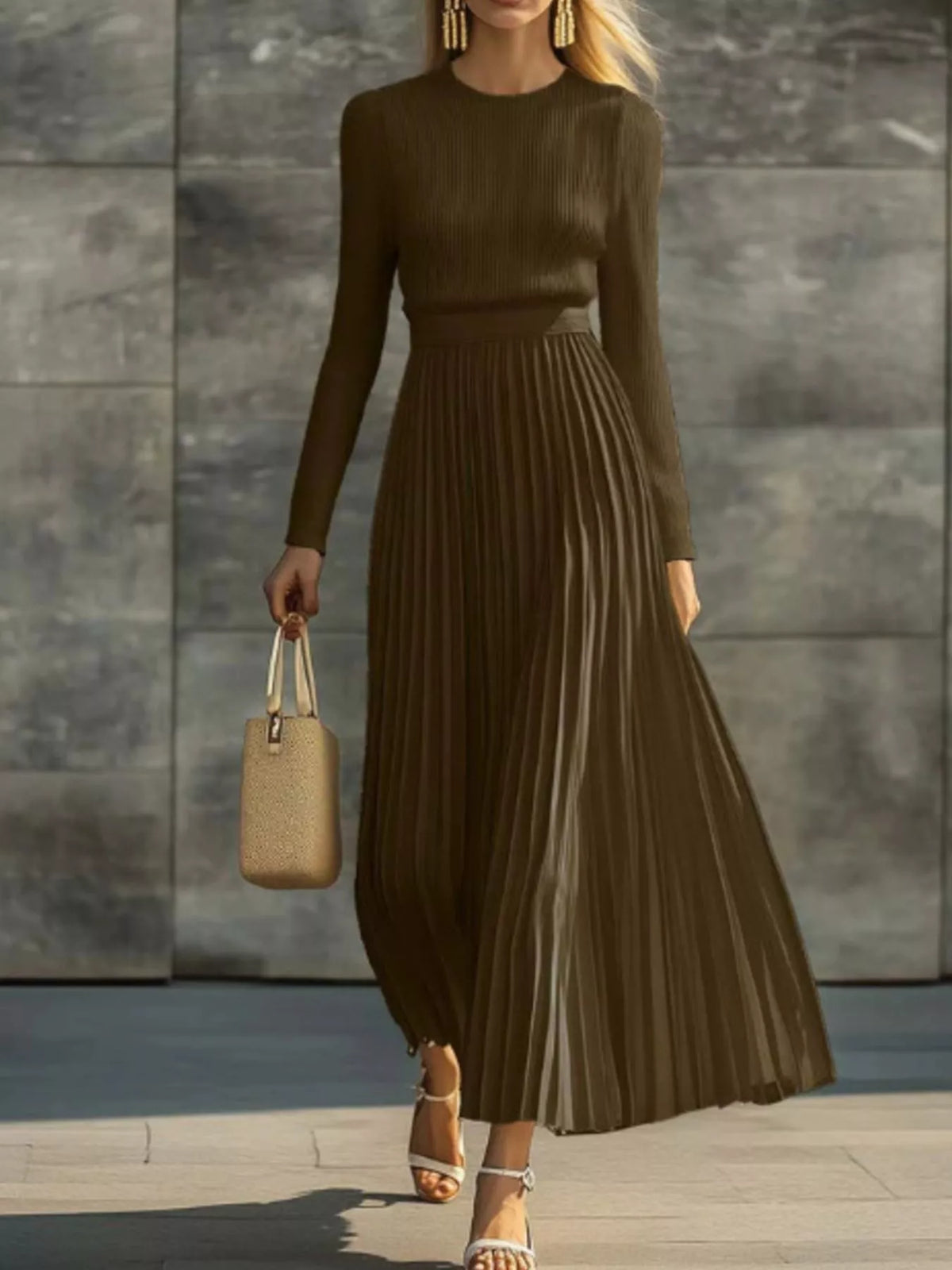 Ribbed Knit Pleated Midi Dress