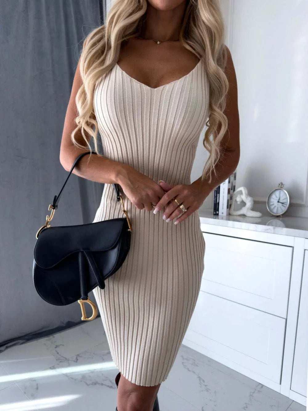 Ribbed Round Neck Top and Cami Dress Sweater Set in Dust Storm