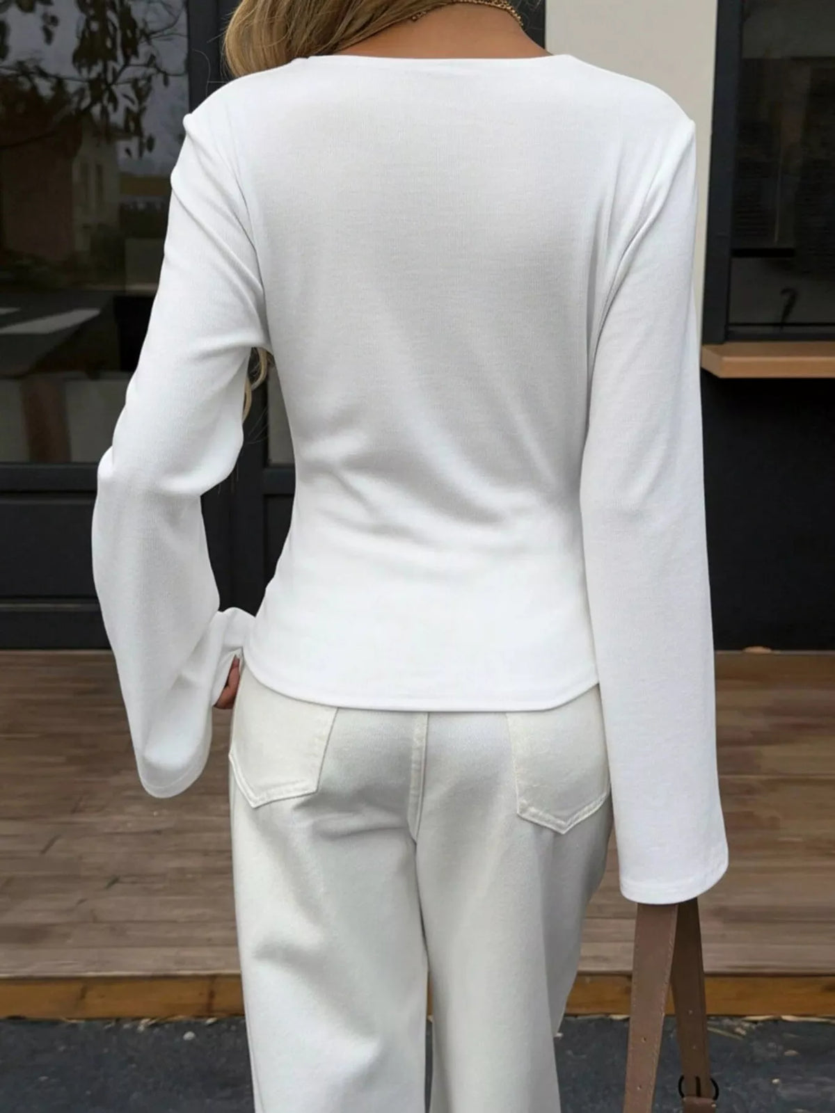 Elegant V-Neck Wrap Asymmetrical Blouse with Flared Sleeves, view 7