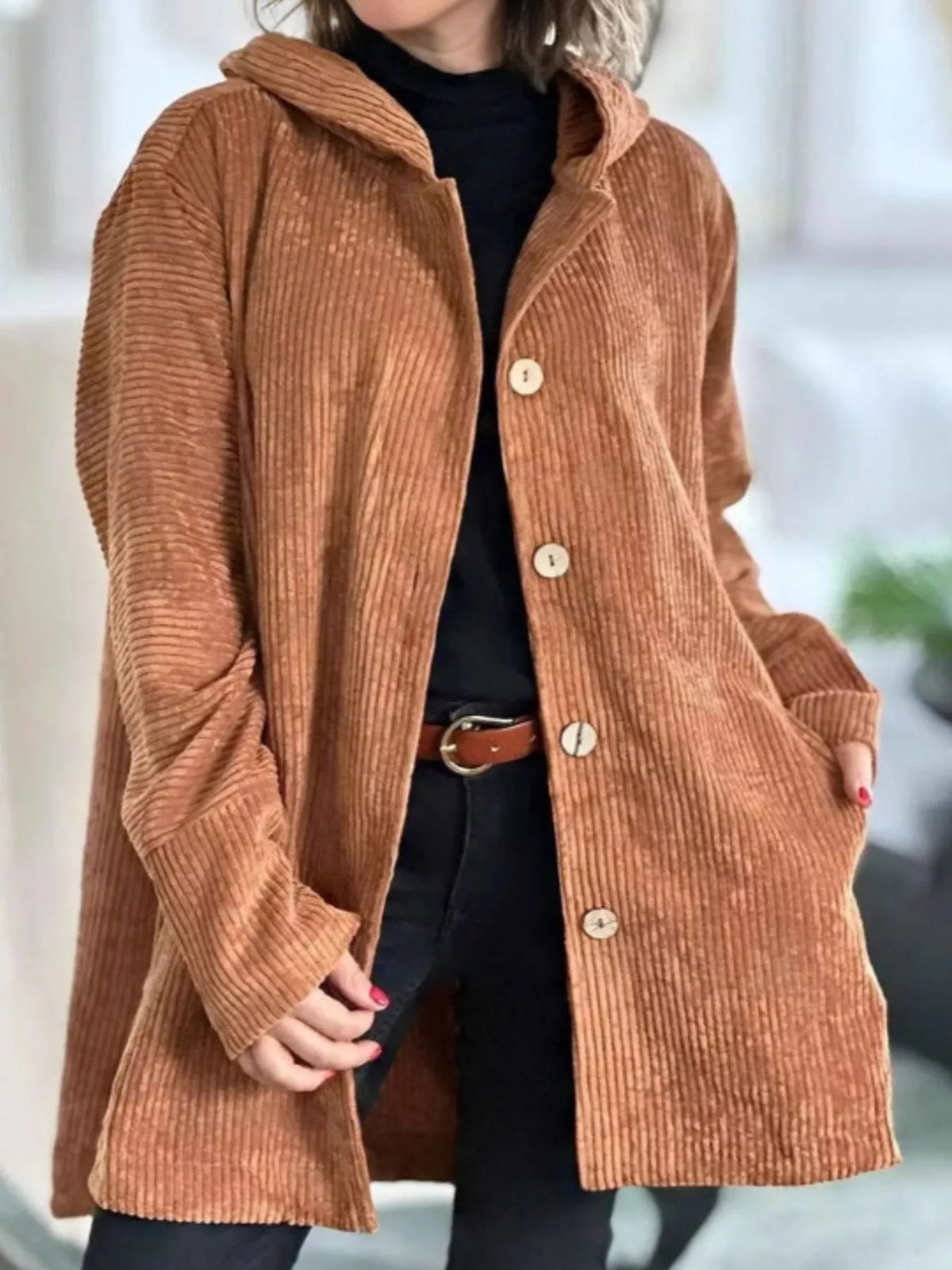 Full Size Corduroy Button Up Hooded Jacket Plus Size in Tan