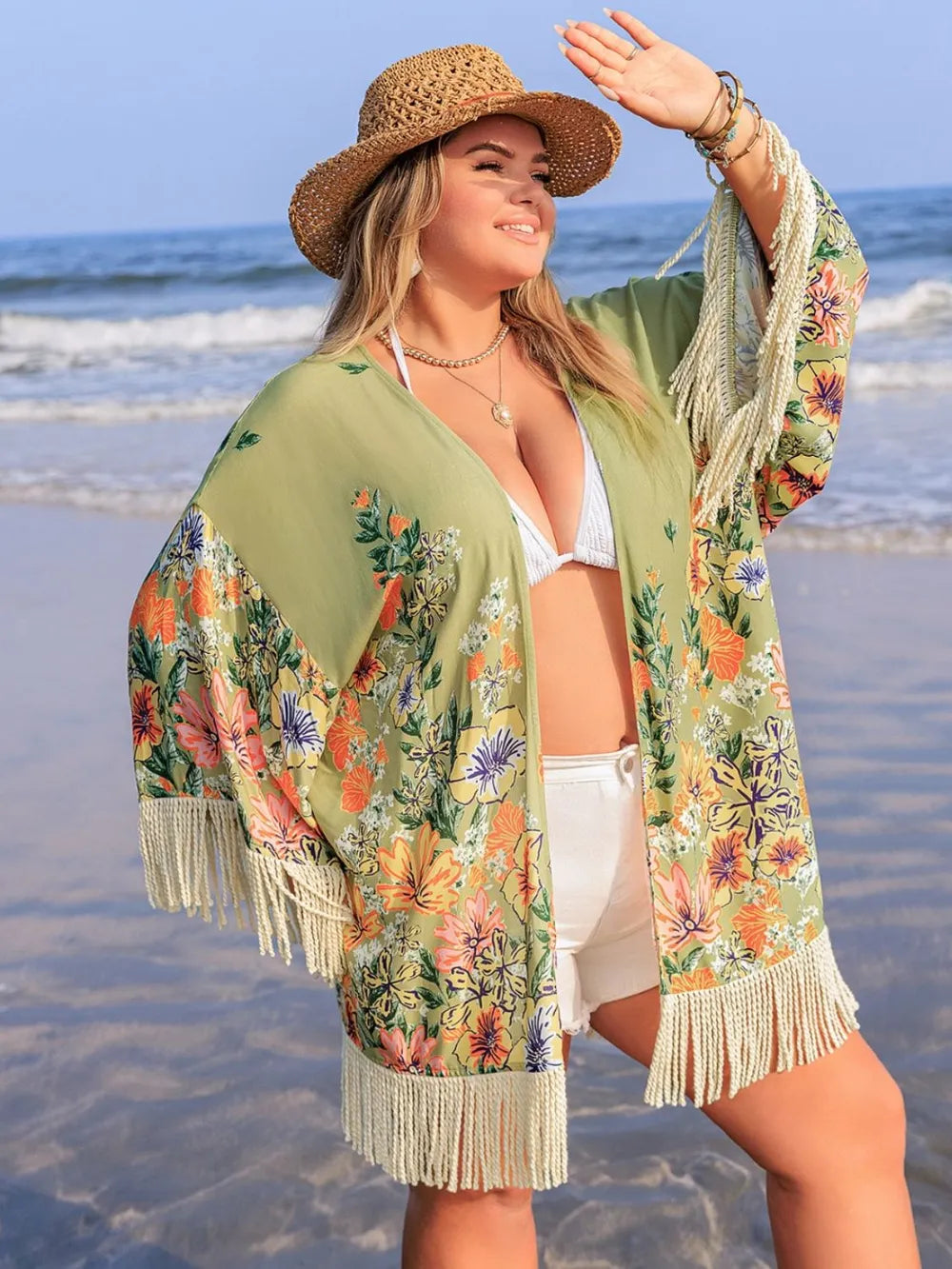 Plus Size Fringe Open Front Cover-Up in Sage, view 3