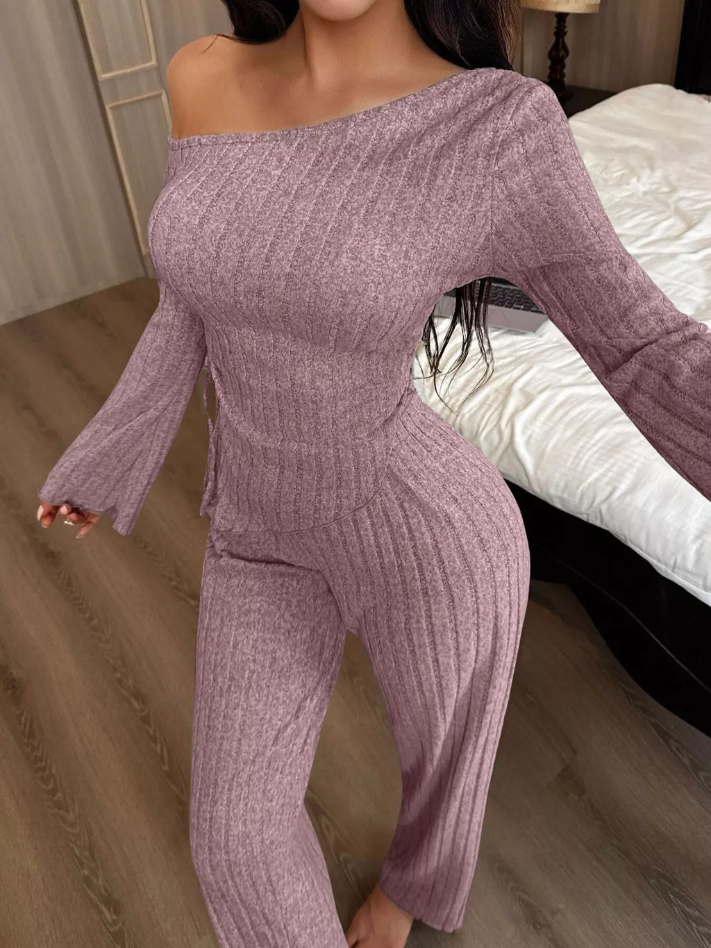 One-Shoulder Ribbed Knit Top and Pants Set - Lilixa.store