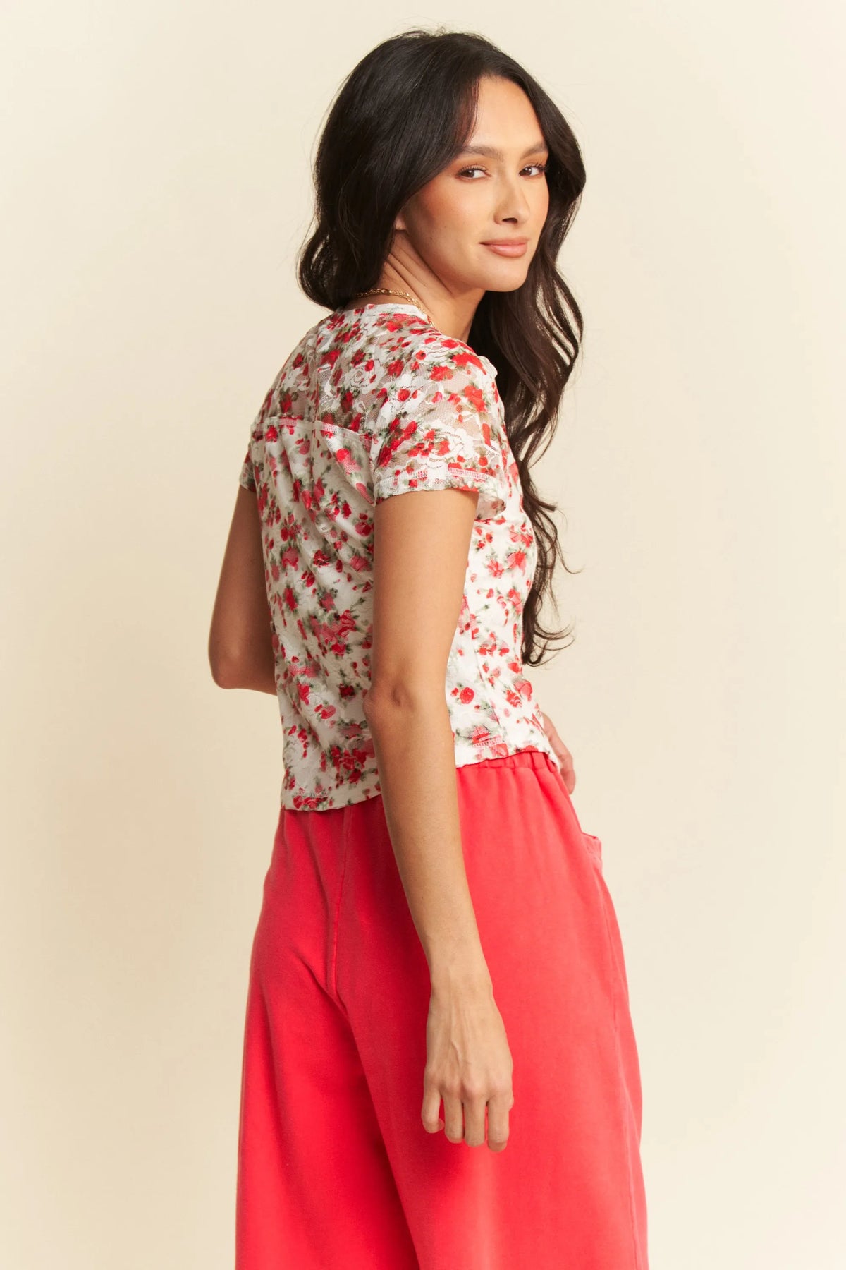 Davi & Dani Ribbon Short Sleeve Layered Mesh Top - Lilixa.store