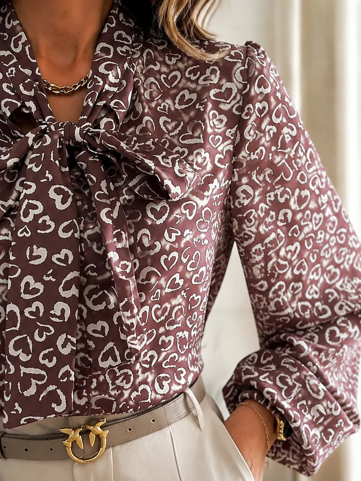 Printed Bow-Tie Neck Long Sleeve Blouse