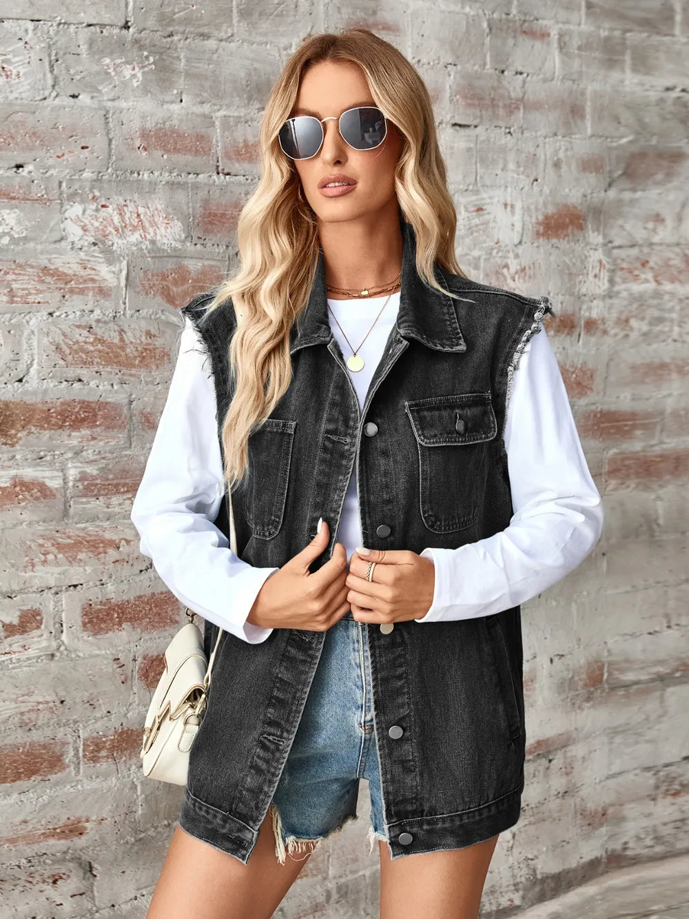 Raw Hem Sleeveless Button Up Denim Jacket, view 9