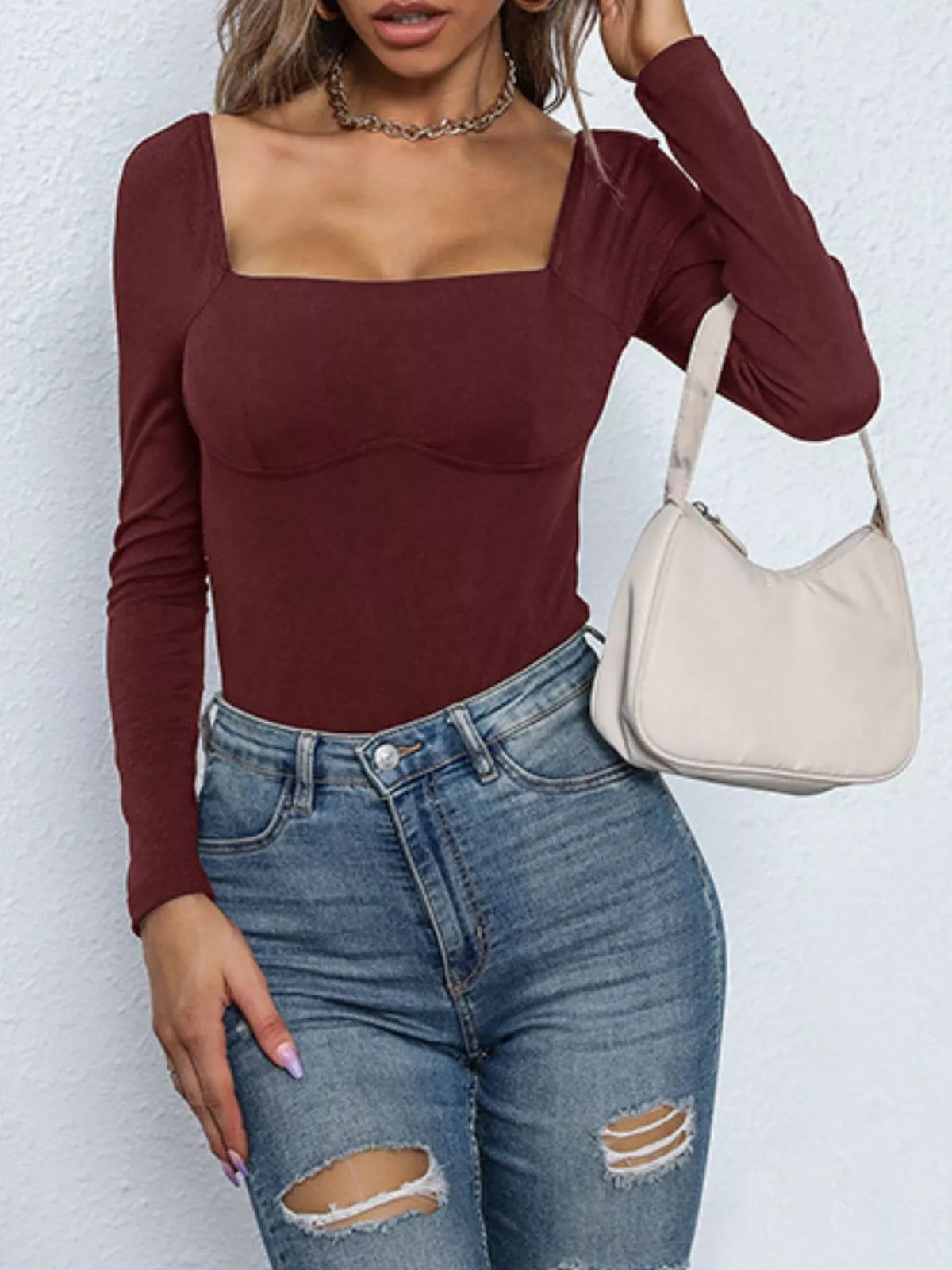 Square Neck Long Sleeve Bodysuit - Lilixa.store