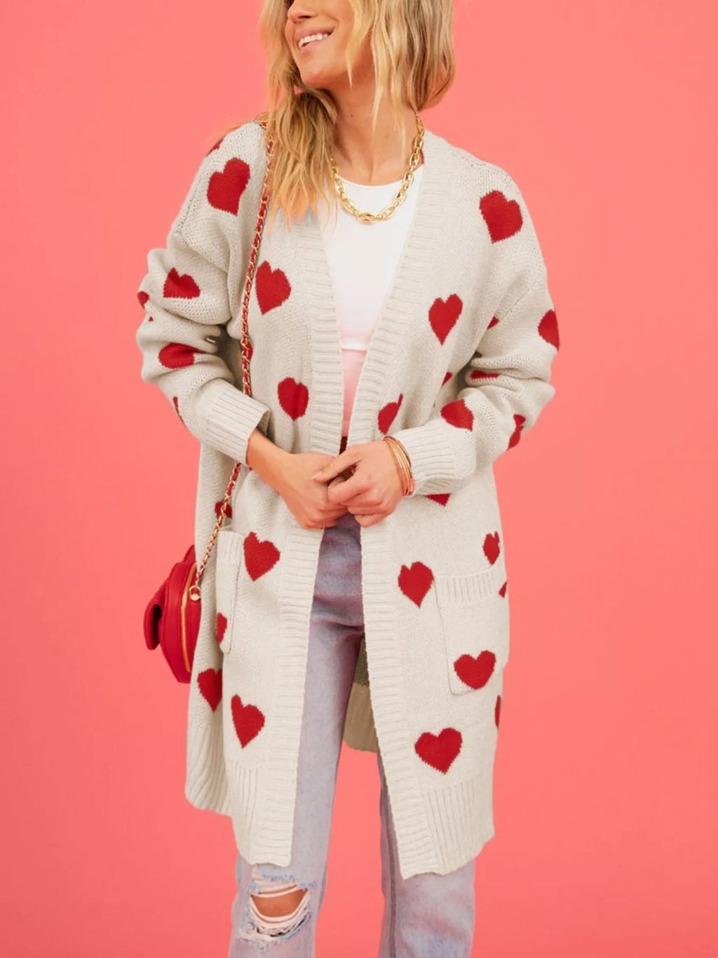 Heart Pattern Open Front Longline Cardigan - Lilixa.store