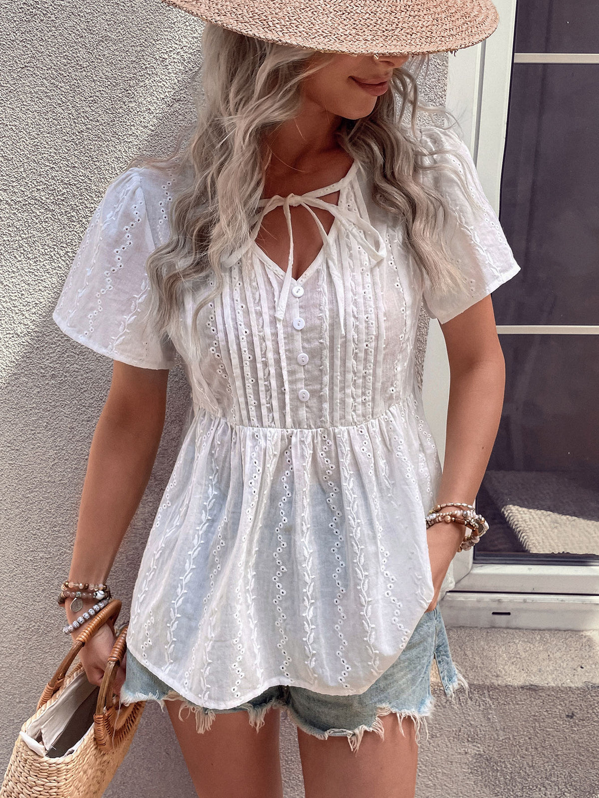 Perfee Tied Decorative Buttons Short Puff Sleeve Blouse in White