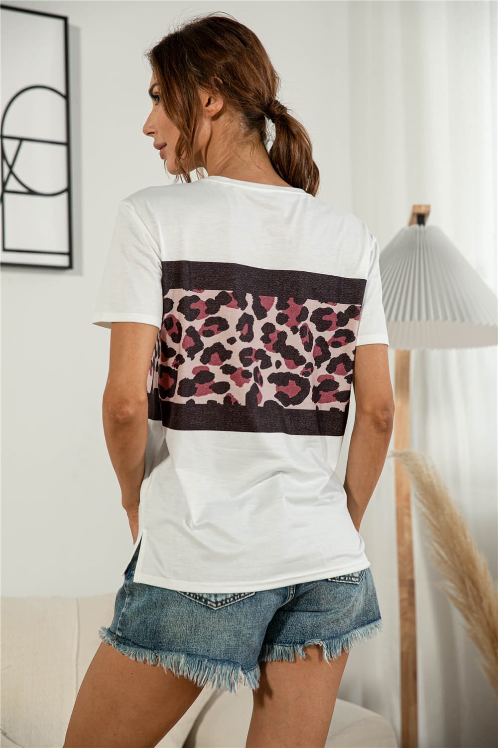 Leopard Color Block Side Slit Tee - Lilixa.store