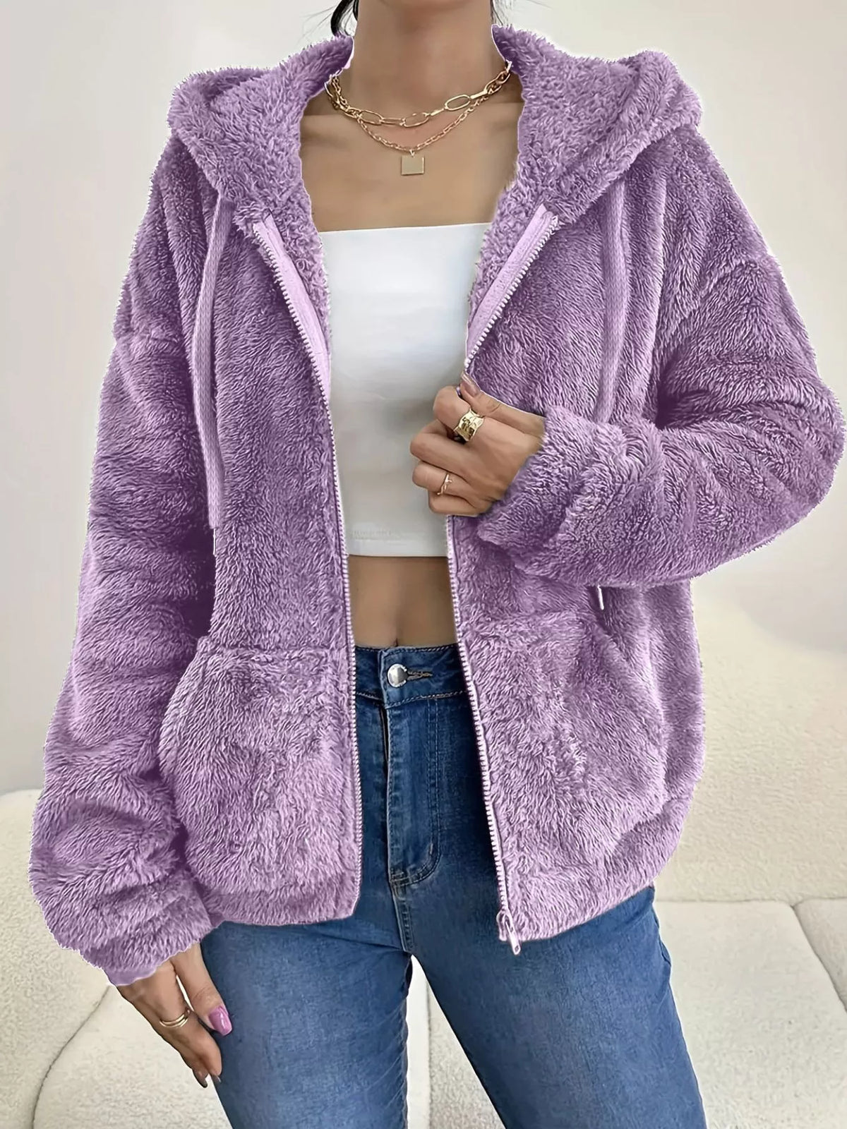 Drawstring Fleece Zip-Up Outerwear in Lilac