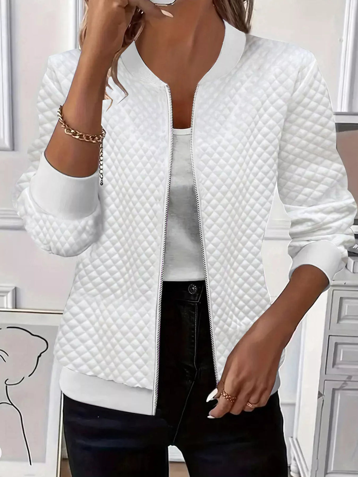 Textured Zip Up Long Sleeve Jacket in Gray/white