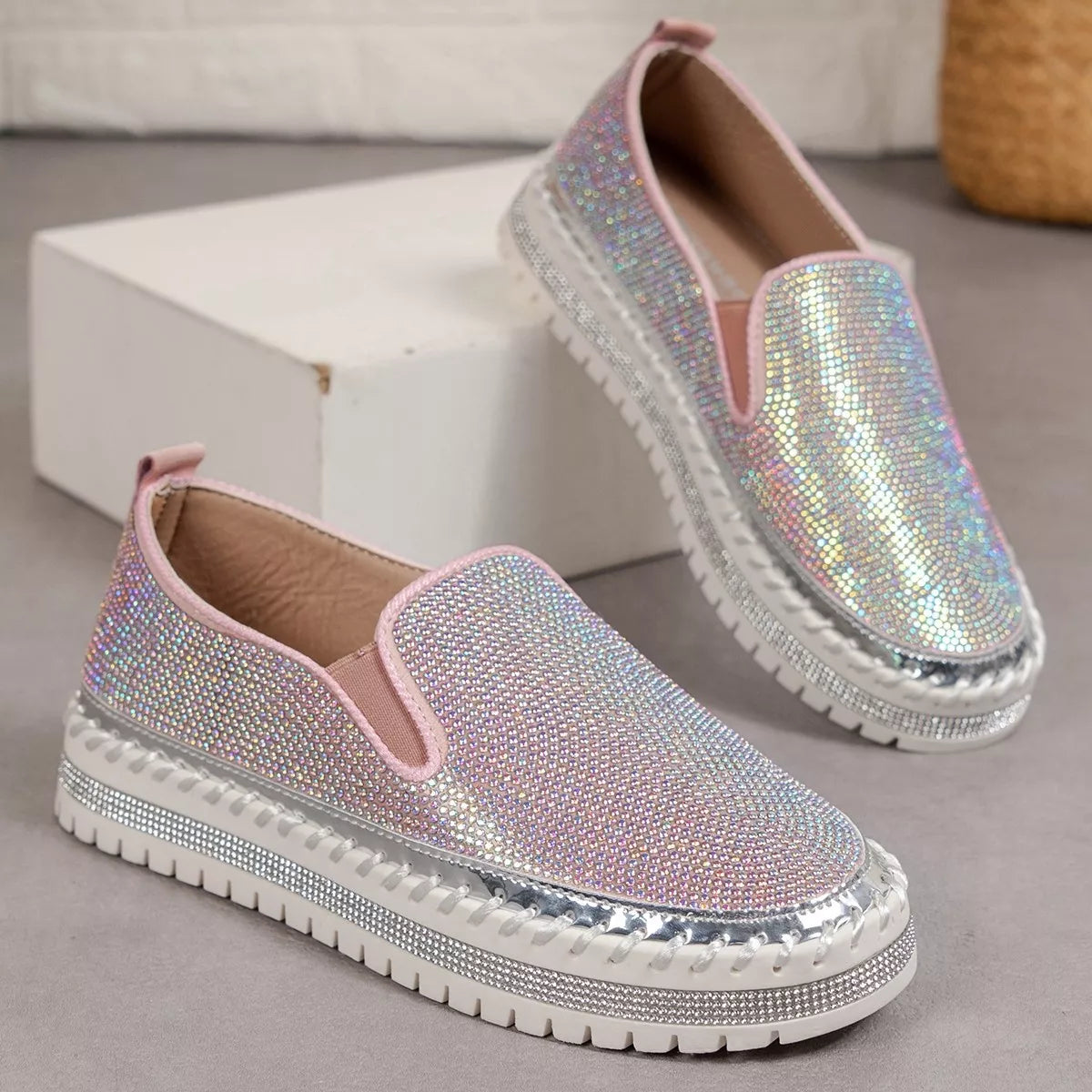 Rhinestone Round Toe Platform Loafers, view 5