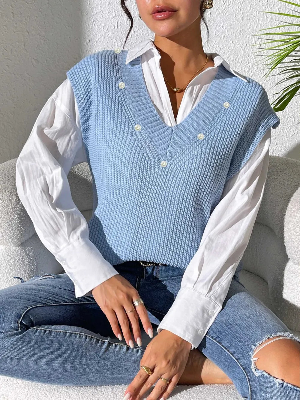 Pearl Trim V-Neck Sweater Vest, view 4