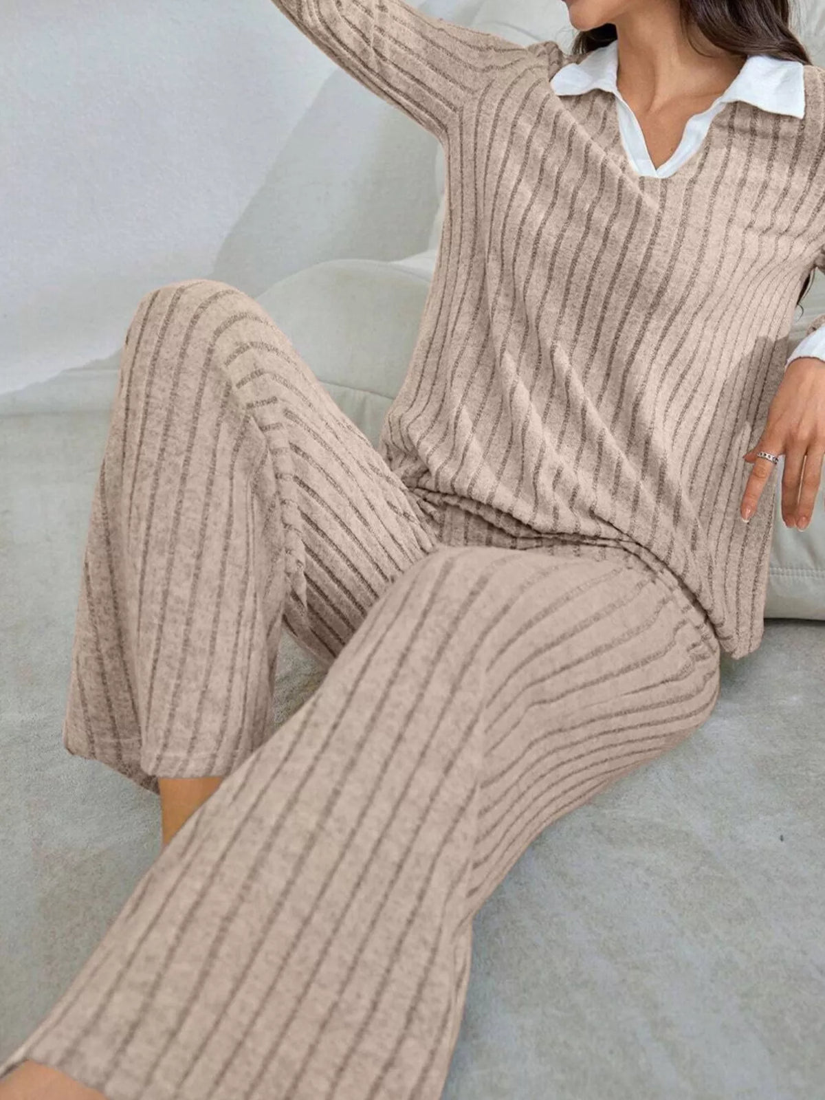 Ribbed Knit Polo Collar Top and Pants Lounge Set - Lilixa.store
