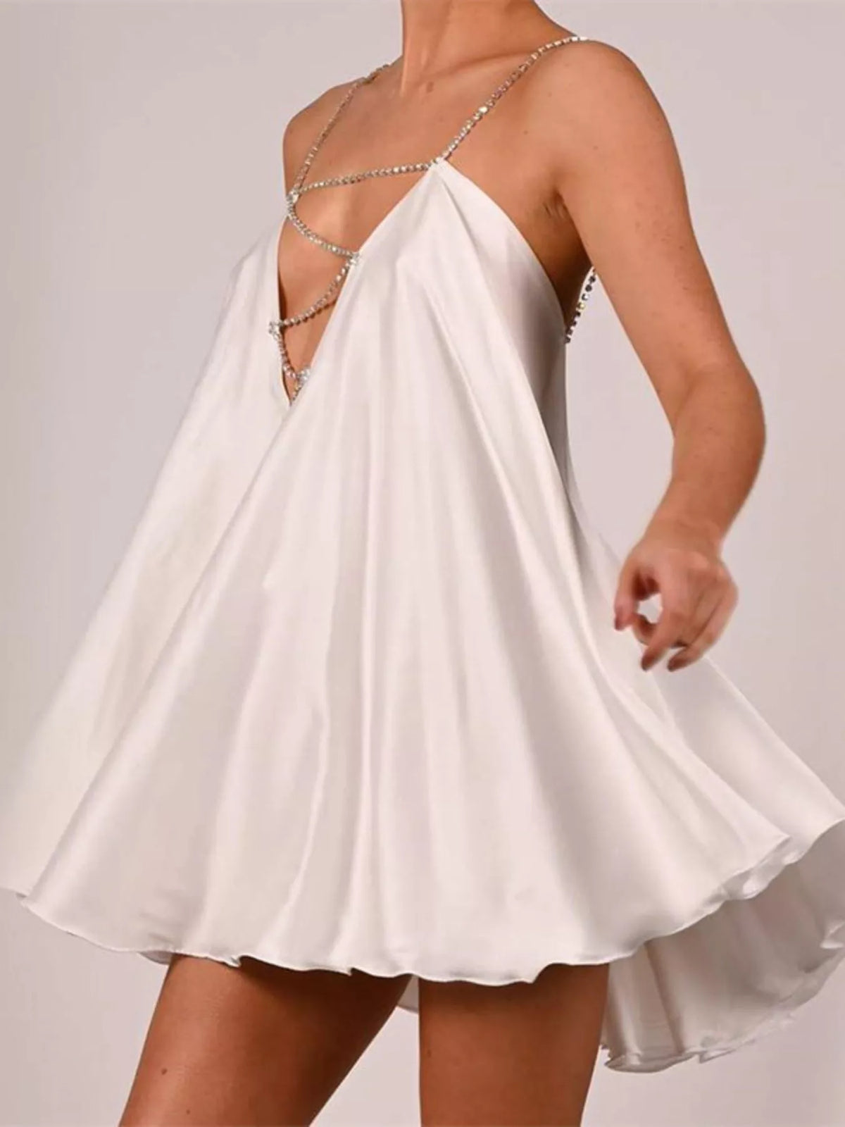 Rhinestone Embellished Plunge Mini Dress - Lilixa.store