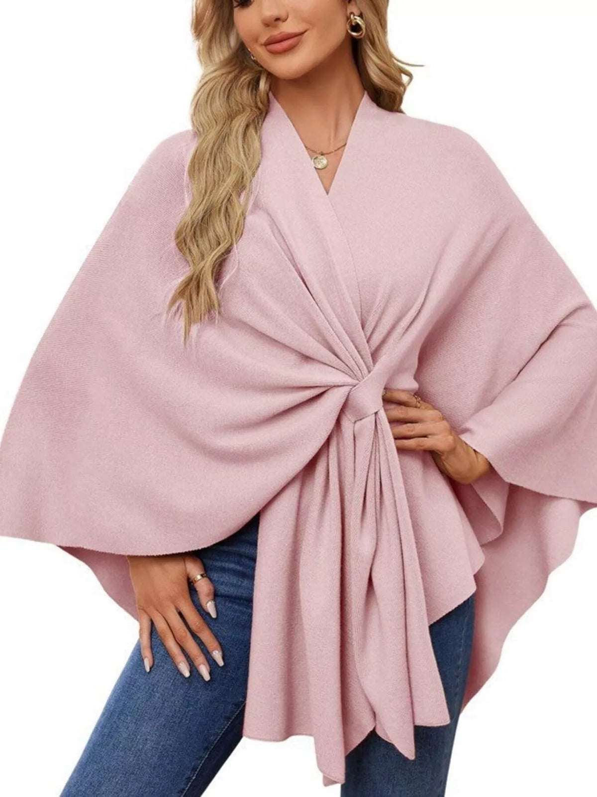Solid Color Tie-Front Knit Cape Top in Blush Pink