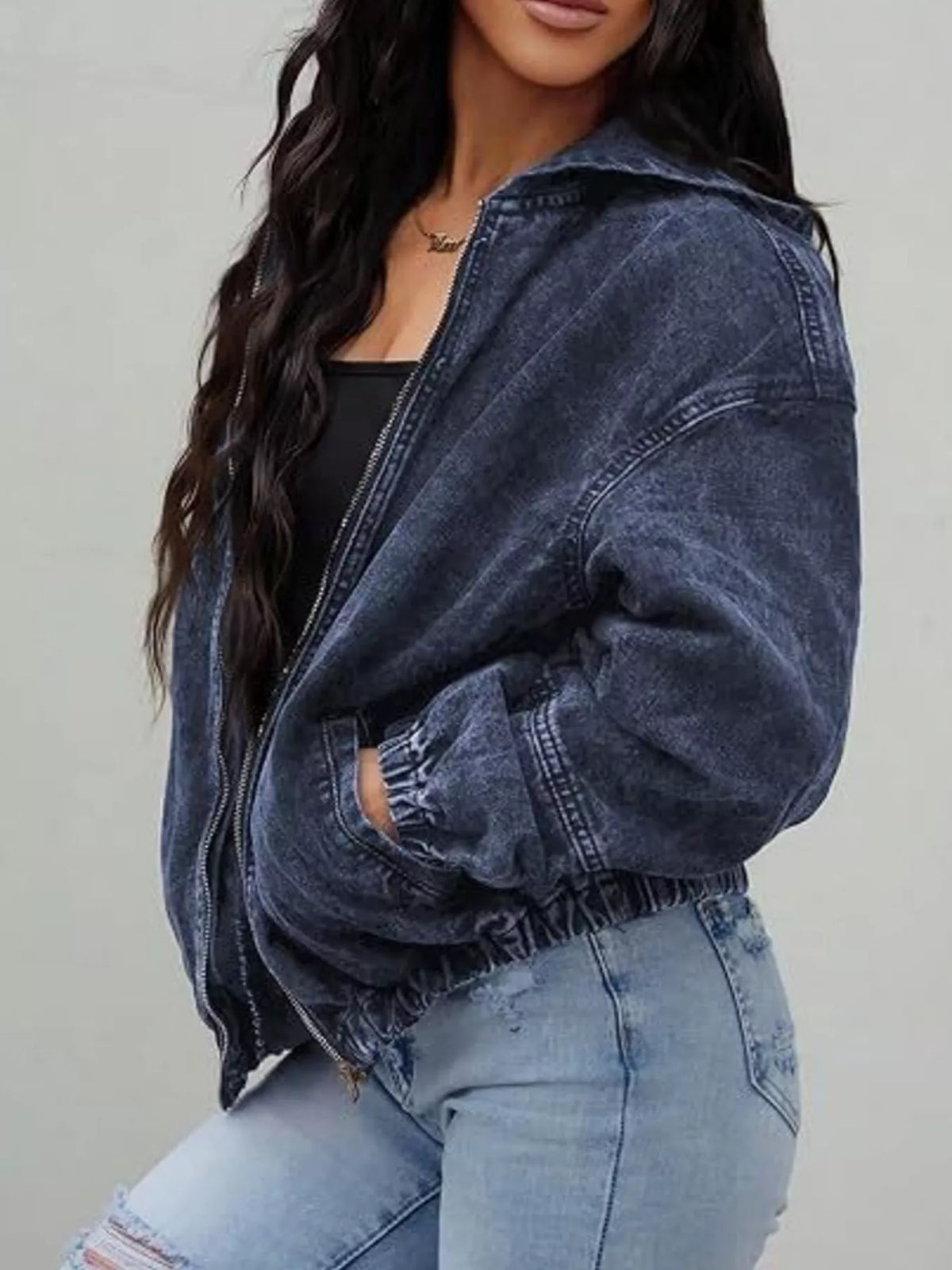 Vintage Washed Zip Up Hooded Denim Jacket, view 6