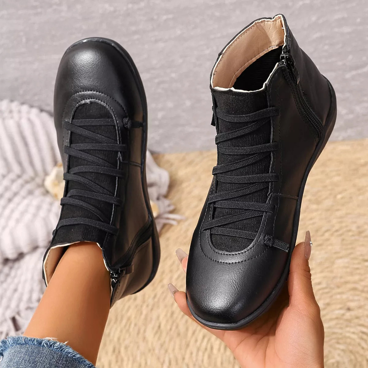 Lace-Up Faux Leather Ankle Boots, view 4