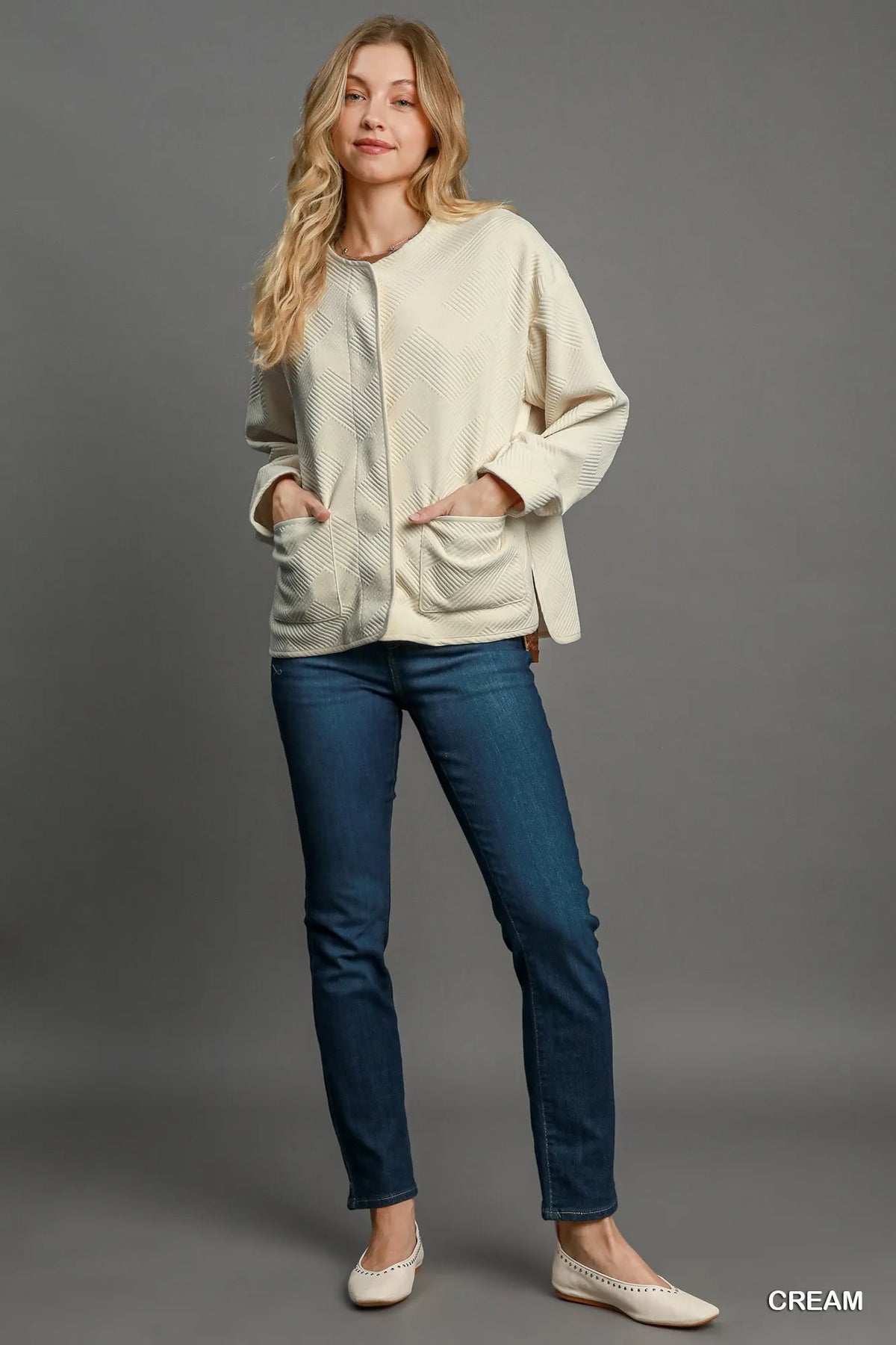 Umgee Textured Jacquard Jacket in Cream, view 3