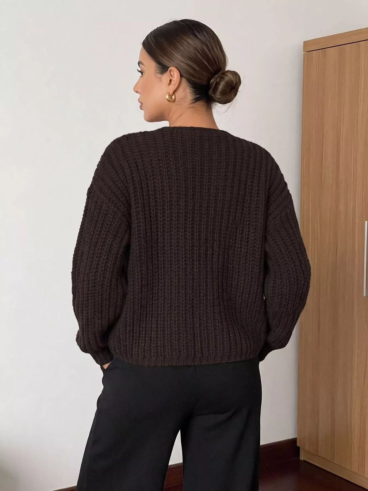 Ribbed Knit Cardigan with Gold-Tone Buttons, view 10