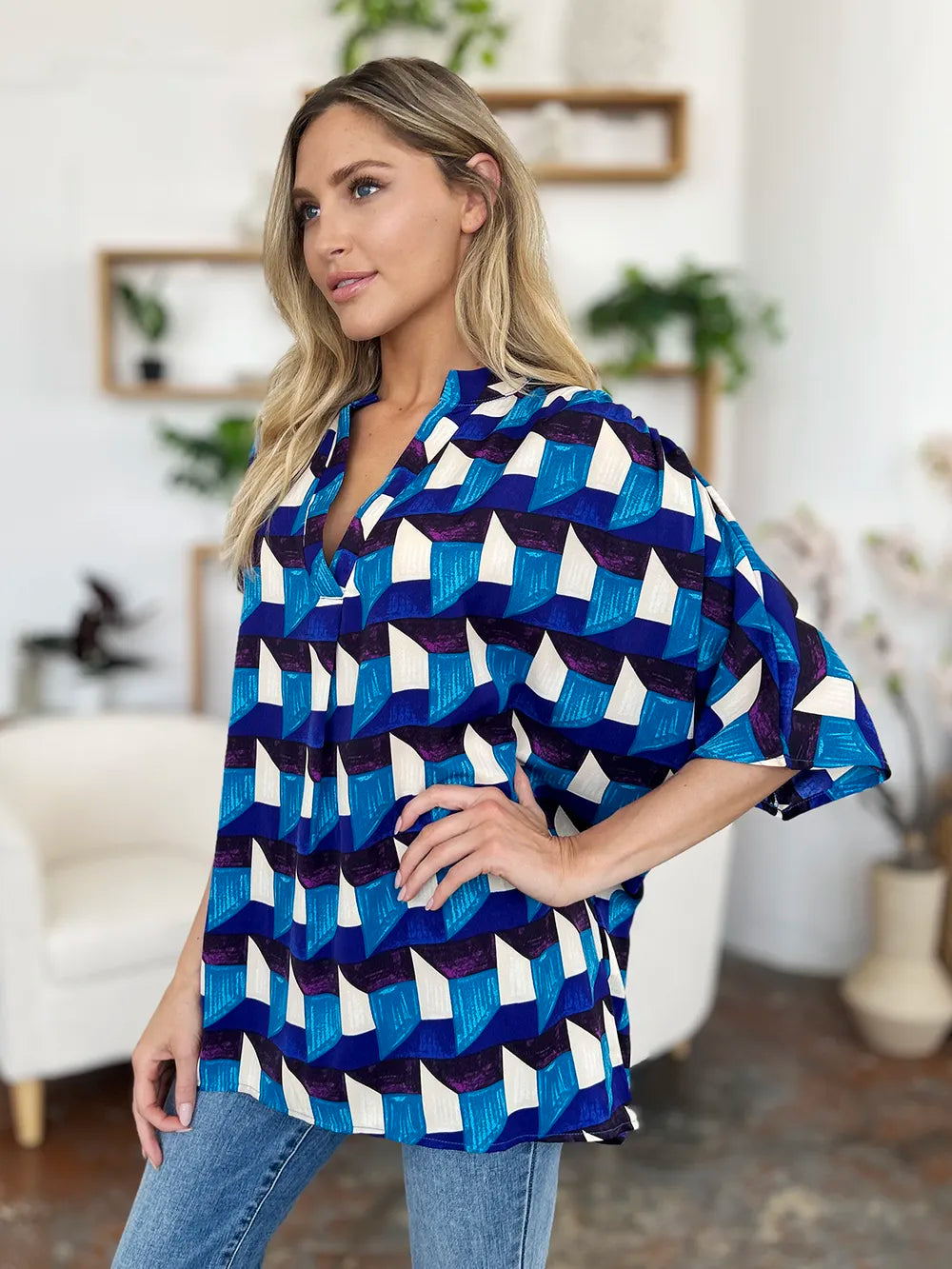 Double Take Full Size Geometric Notched Half Sleeve Blouse - Lilixa.store