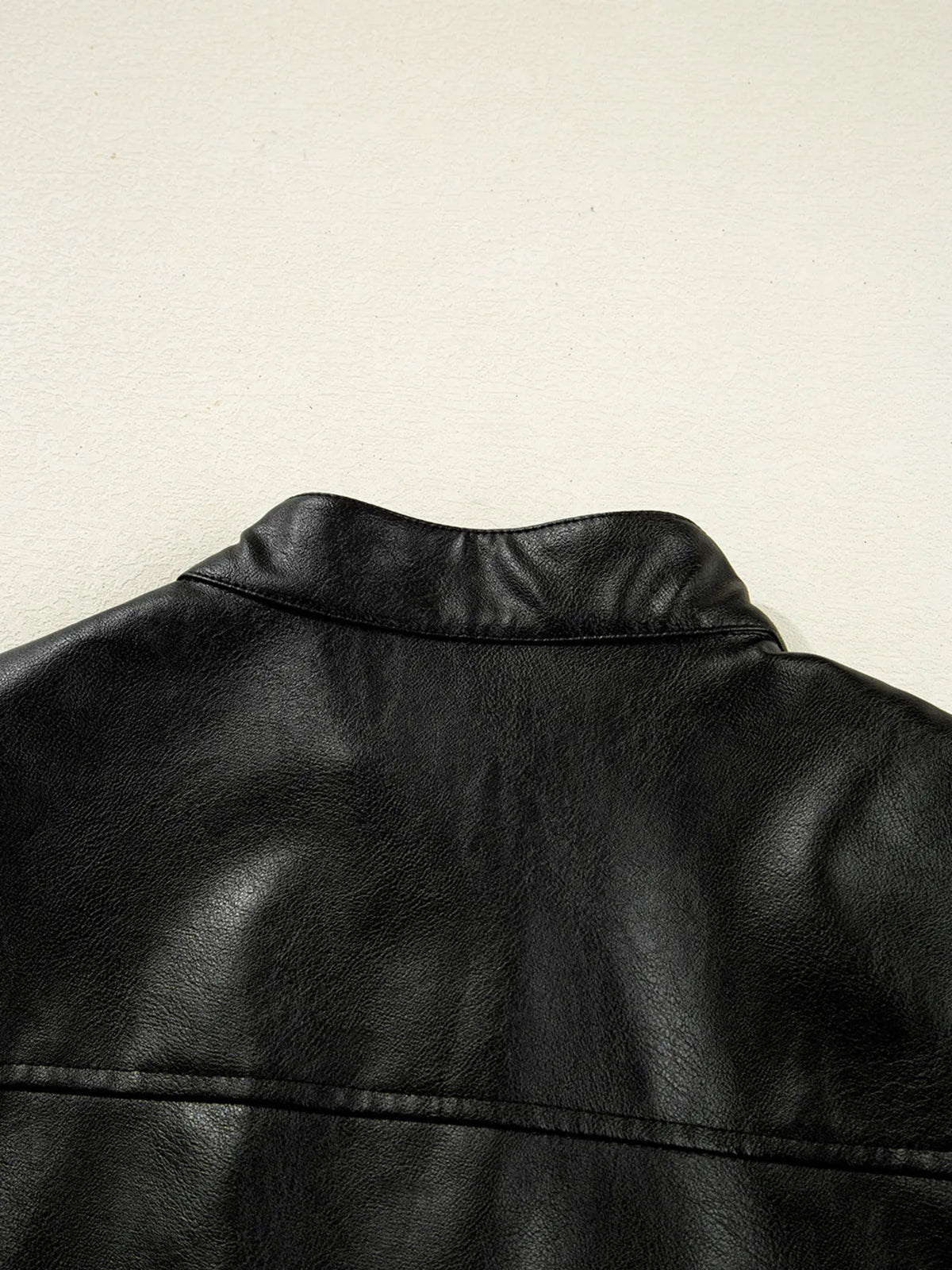 Faux Leather Buttoned Front Boxy Jacket in Black, view 7