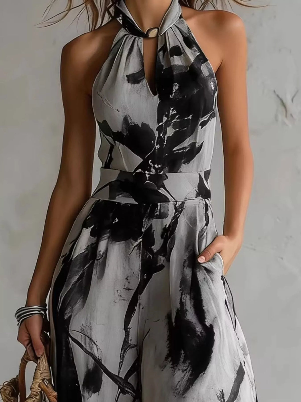 Ink Wash Print Halter Neck Wide-Leg Jumpsuit