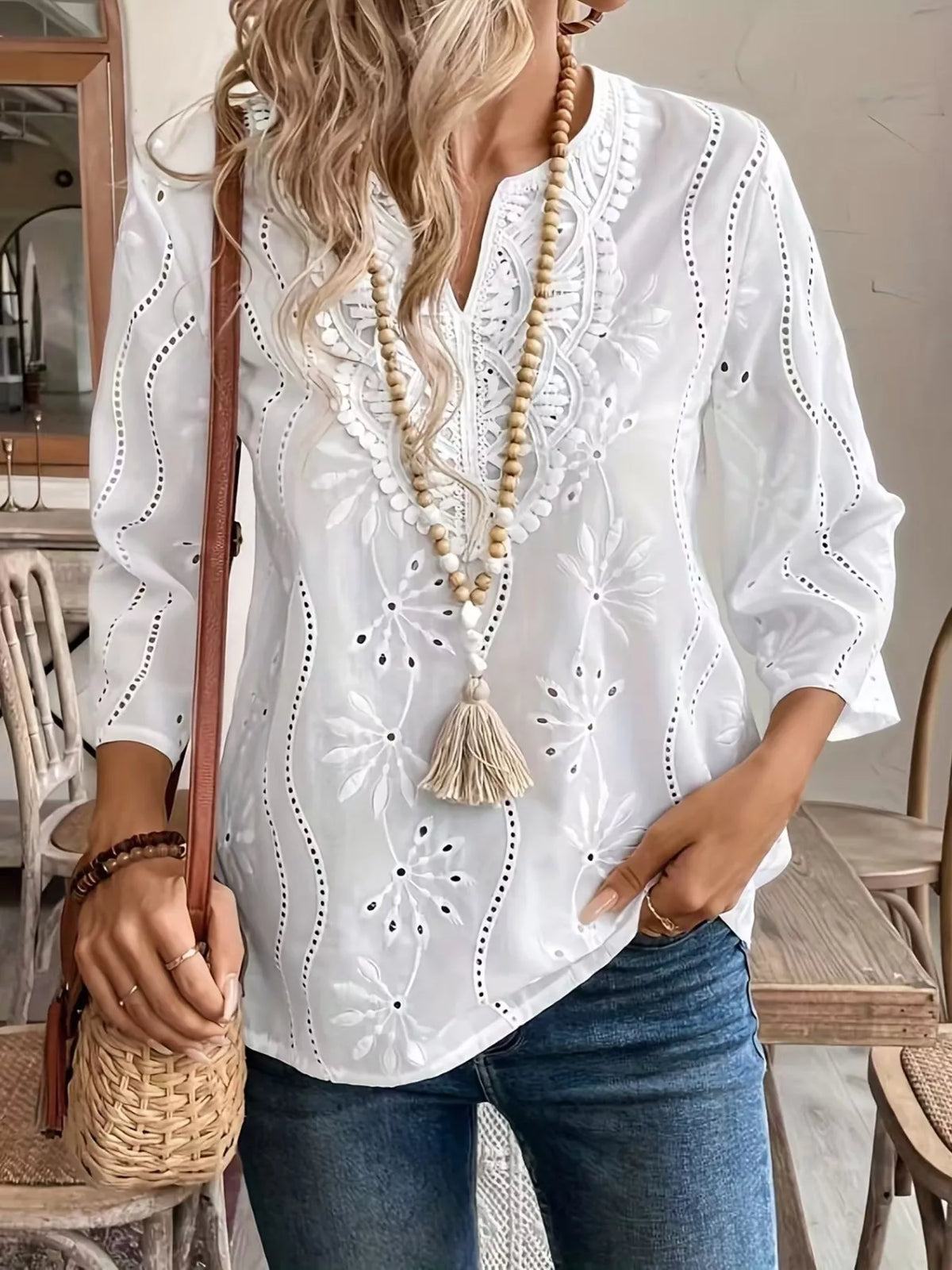 Full Size Embroidered Eyelet Long Sleeve Blouse Plus Size in White