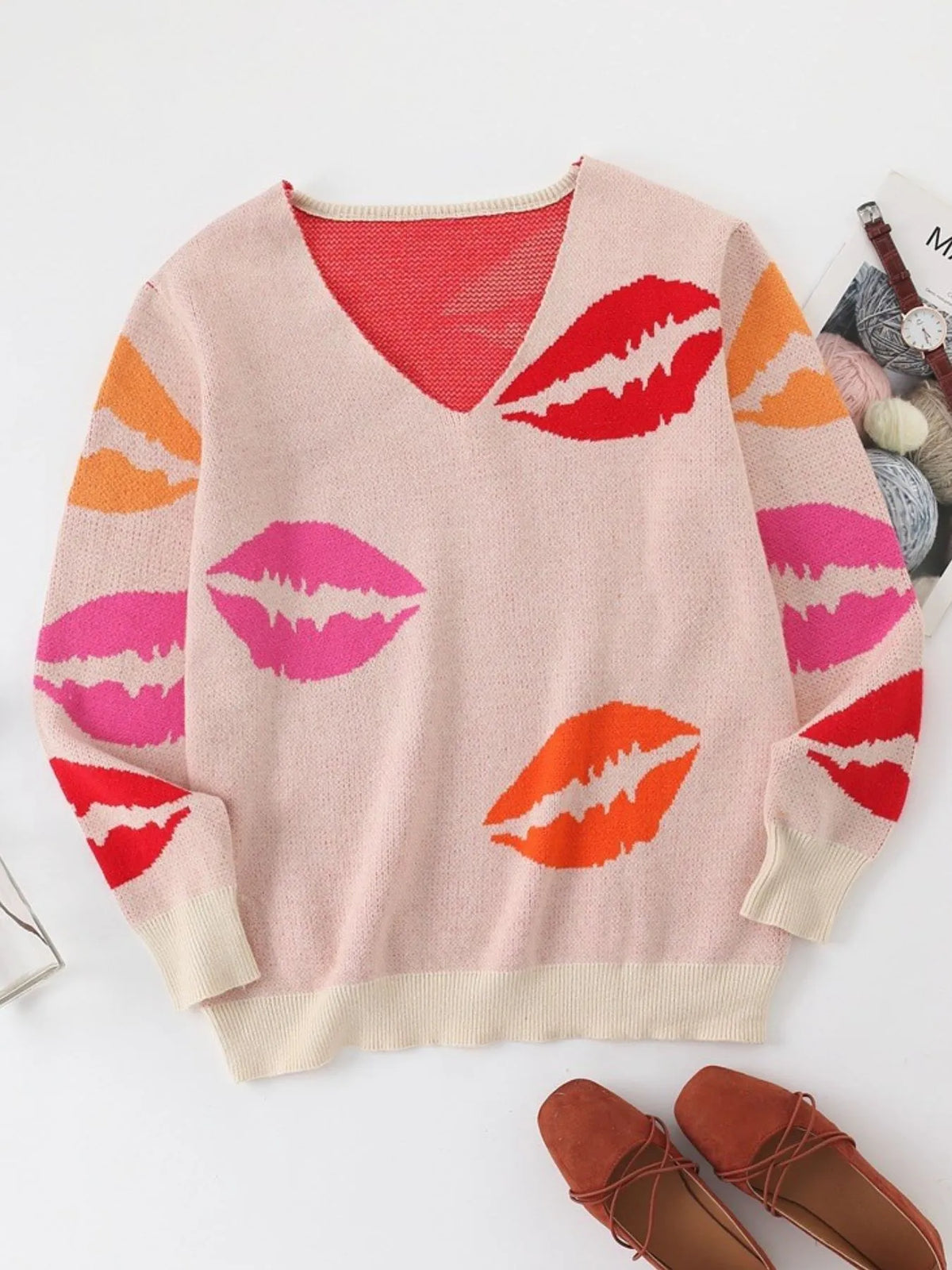 Colorful Lips V-Neck Sweater - Lilixa.store
