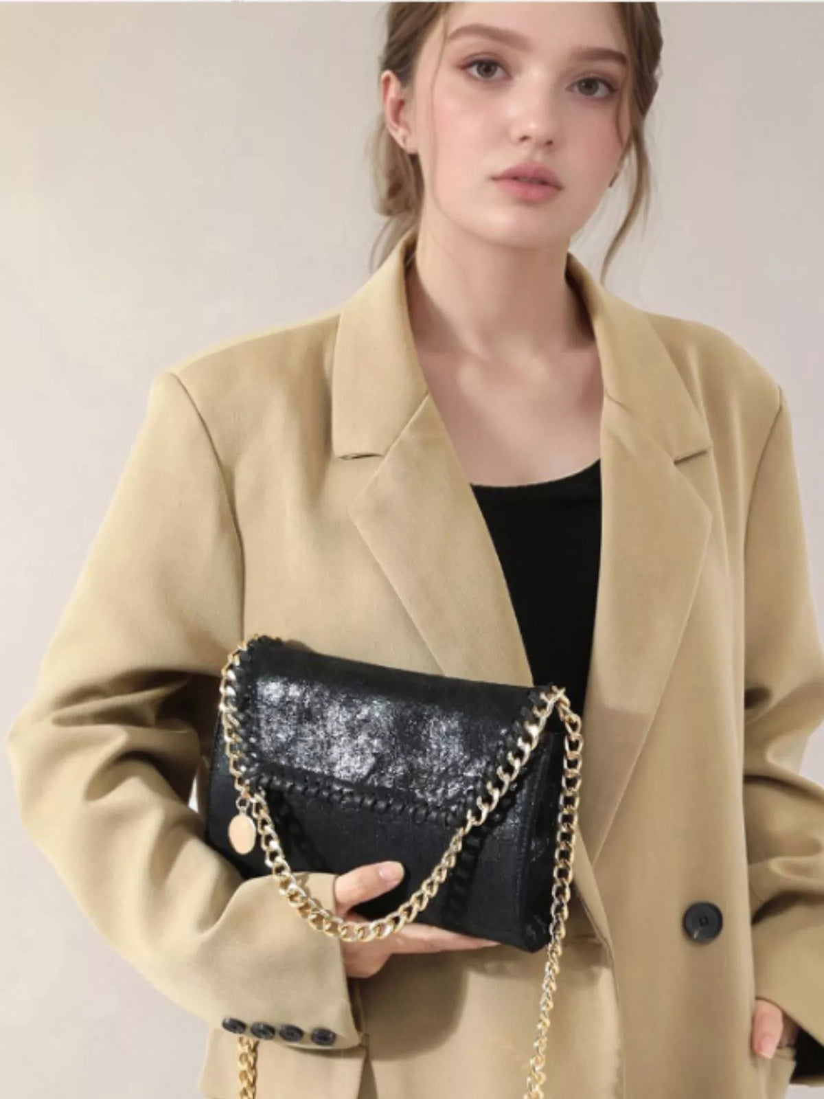 Matte PU Leather Textured Chain-Strap Shoulder Bag in Black, view 4