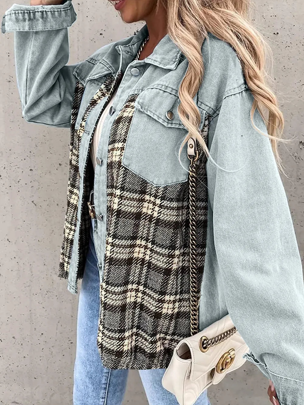 Plaid Button Up Dropped Shoulder Jacket, view 6