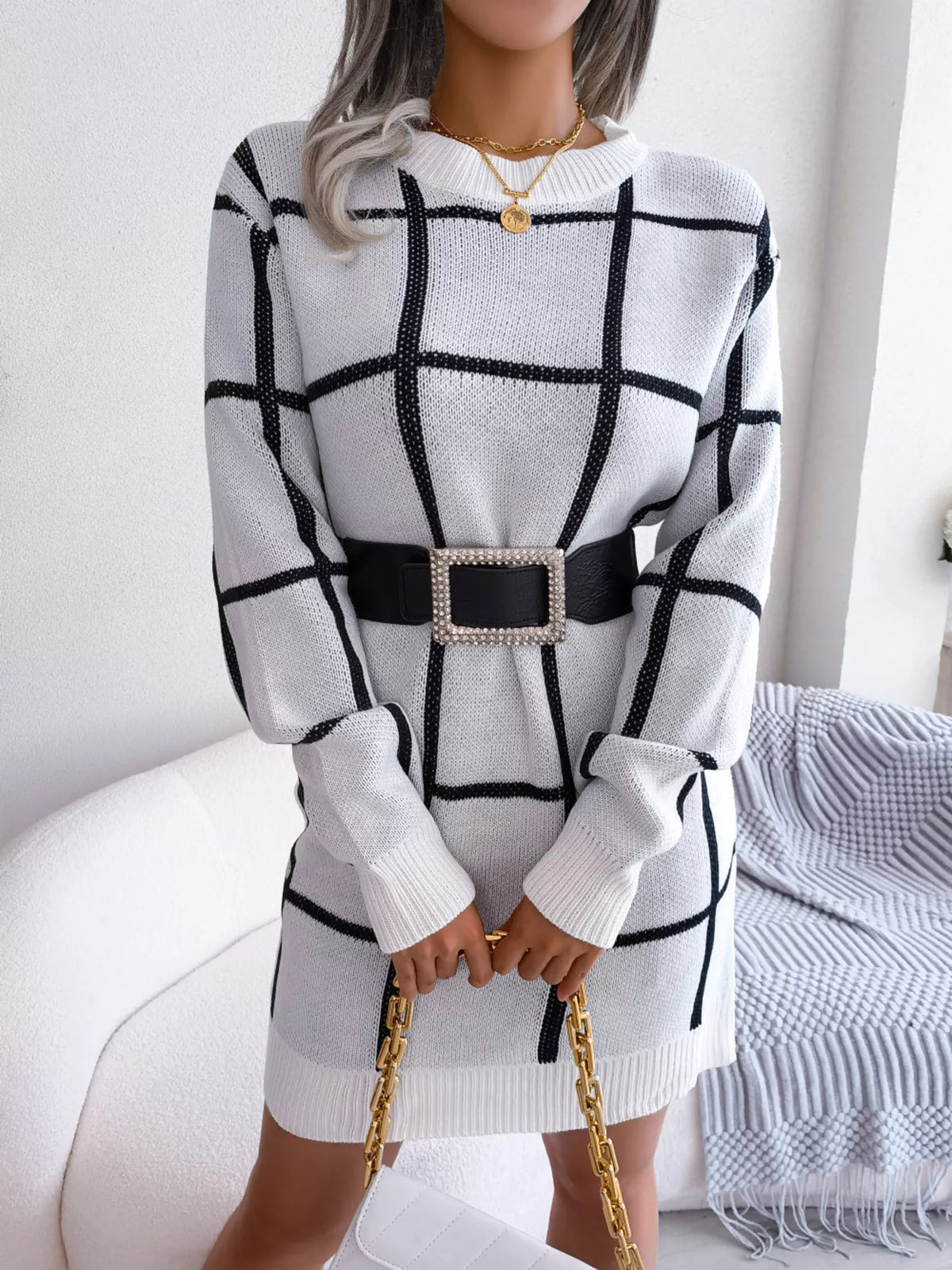 Plaid Pattern Long Sleeve Sweater Dress, view 18