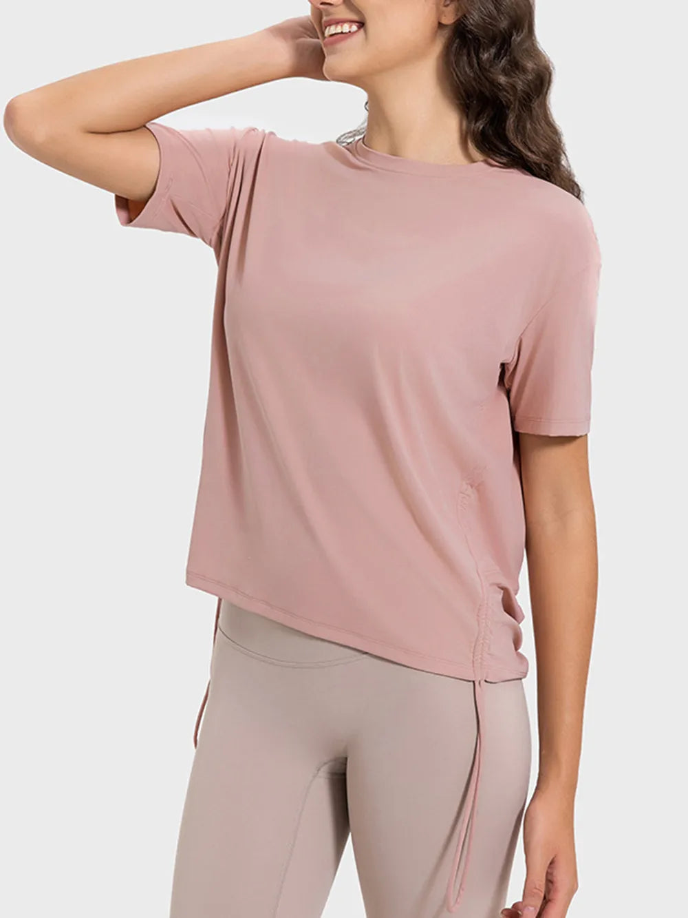Millennia Drawstring Round Neck Short Sleeve Active T-Shirt - Lilixa.store