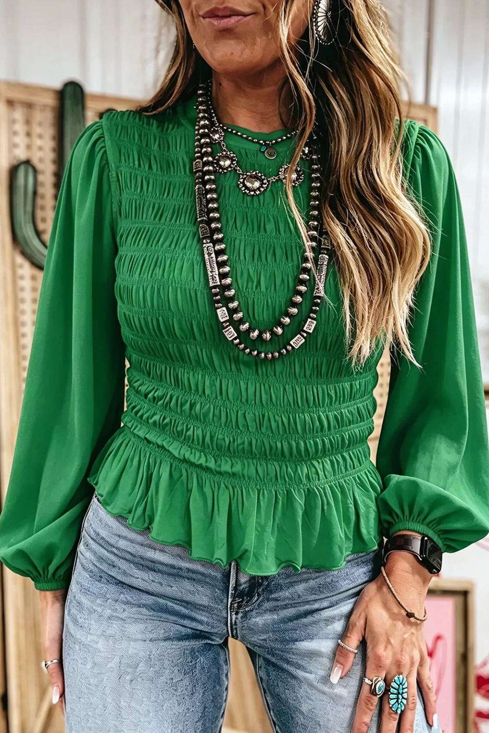 Smocked Balloon Sleeves Peplum Blouse - Lilixa.store
