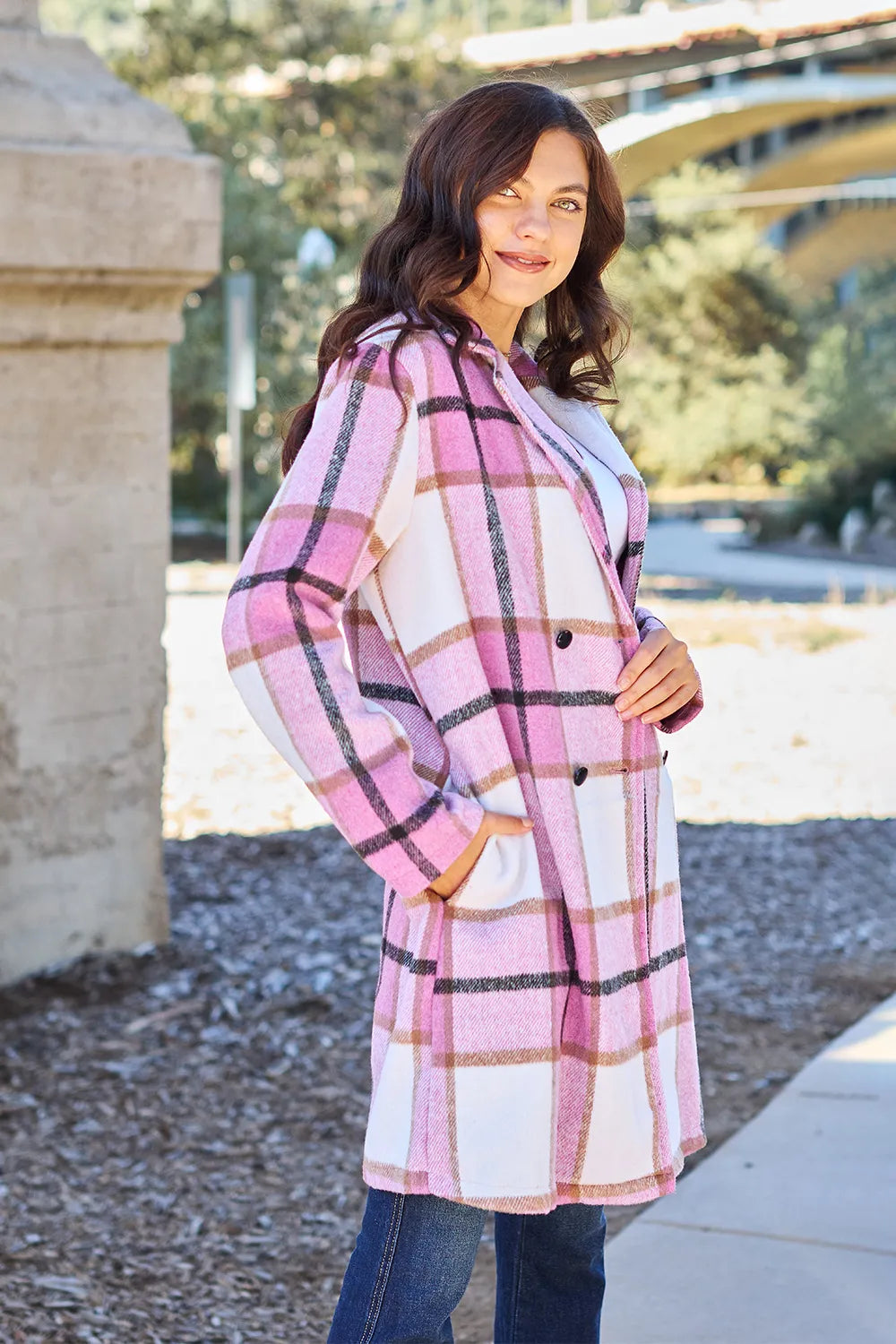 Double Take Full Size Plaid Button Up Lapel Collar Coat - Lilixa.store