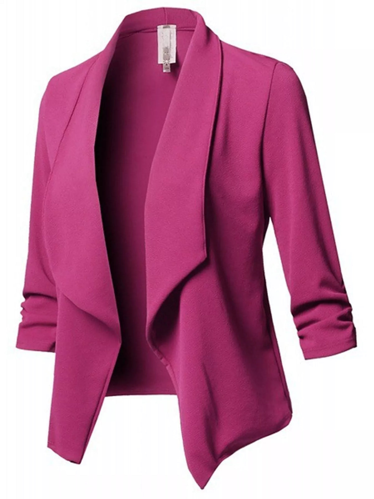 Full Size Open Front Drape Blazer with 3/4 Ruched Sleeves Plus Size in Hot Pink