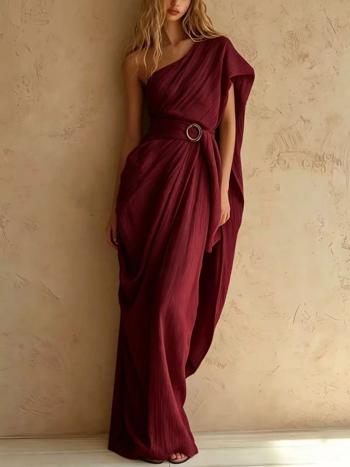 One-Shoulder Draped Maxi Dress with Waist Buckle - Lilixa.store