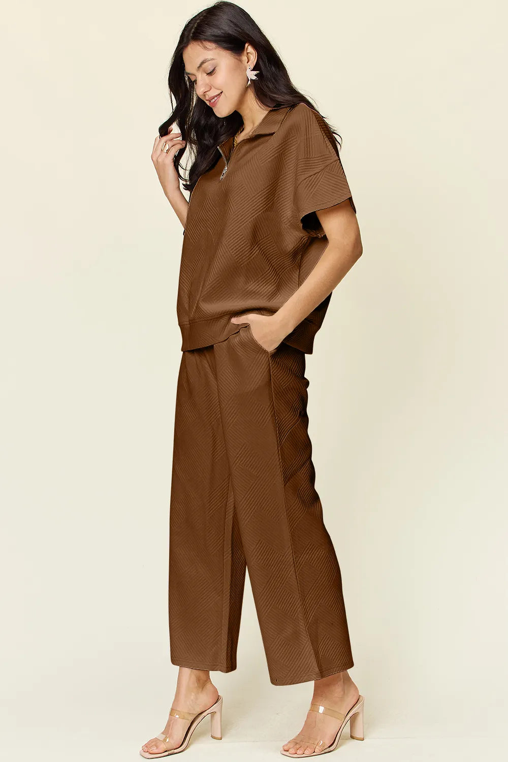Double Take Full Size Texture Half Zip Short Sleeve Top and Pants Set, view 17