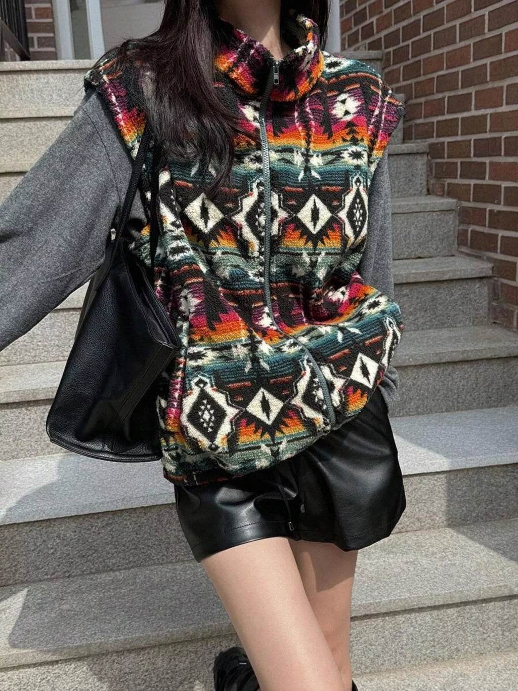 Geometric Fleece Vest Coat - Lilixa.store