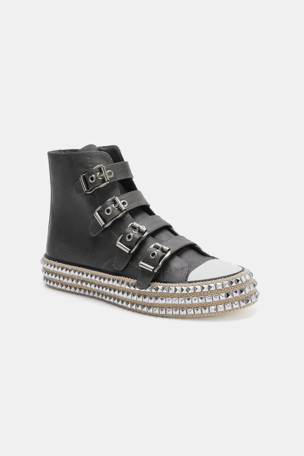 Beast Fashion Multi-Buckle Straps Studded Platform Sneakers - Lilixa.store