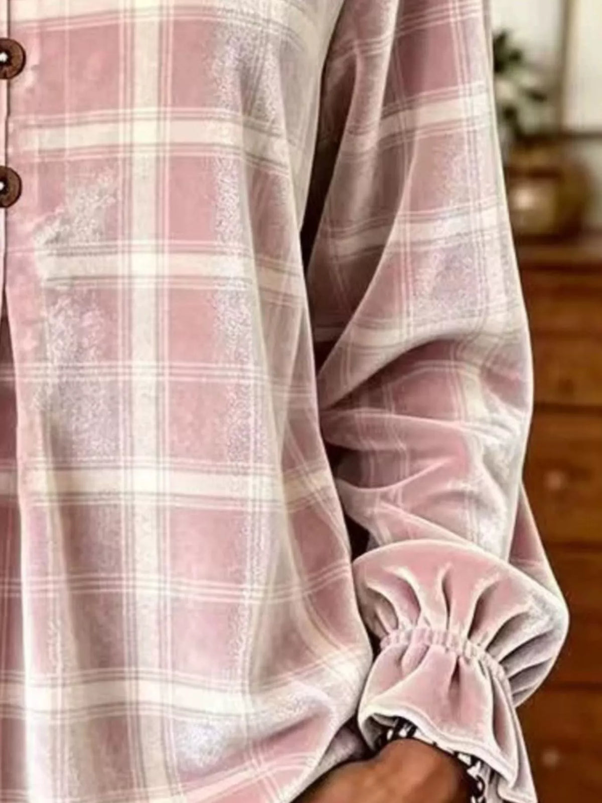 Full Size Plaid Velvet Flounce Sleeve Blouse Plus Size, view 2